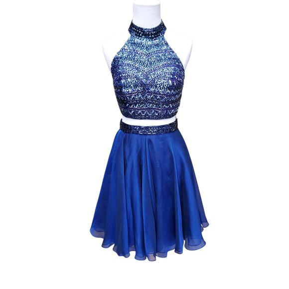 Sherri Hill Blue Two Piece Cocktail Homecoming Dress Embellished Short Skirt 0 - Picture 1 of 16